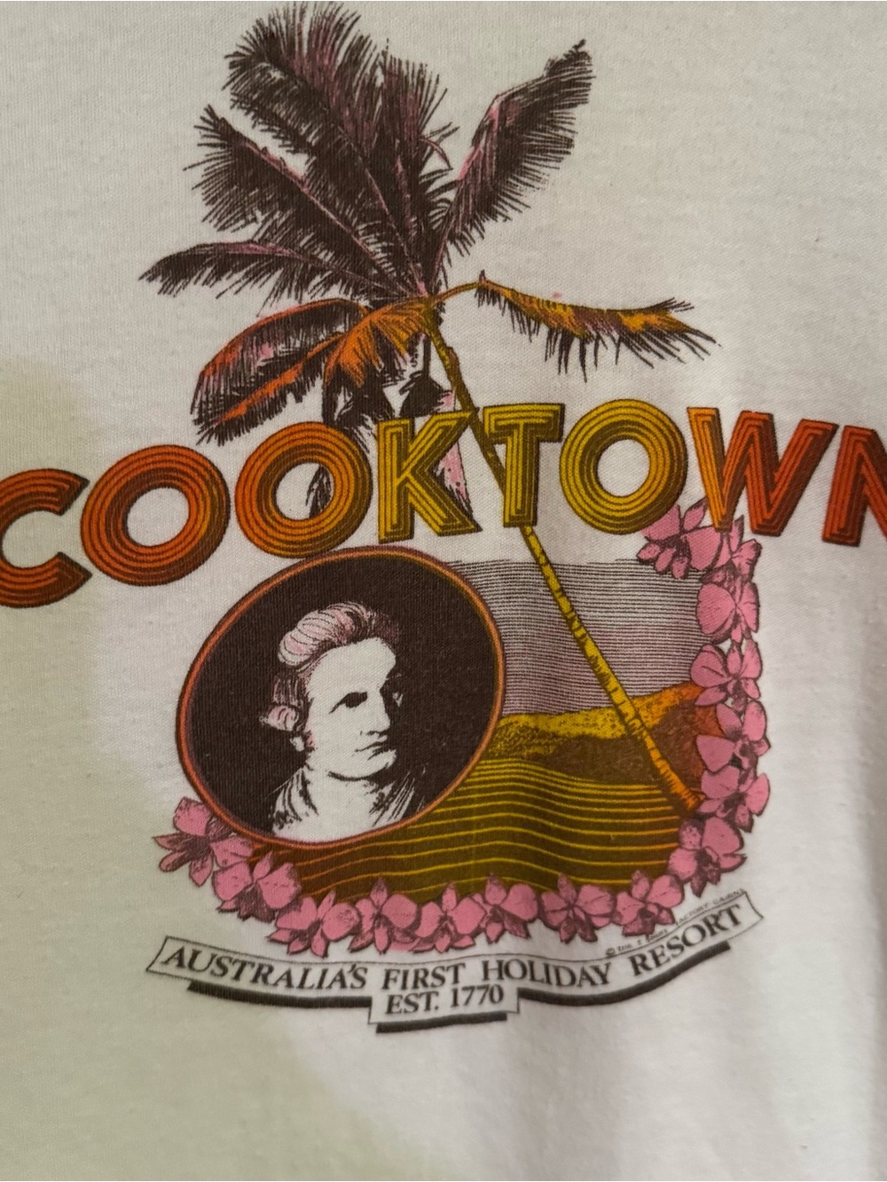 Cooktown Graphic Tee in White with Orange, Pink & Brown Print